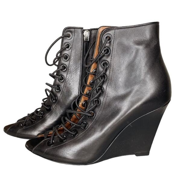Givenchy Black Leather Lace Up Peep Toe Bondage Wedge Booties - 37.5 - Picture 3 of 10
